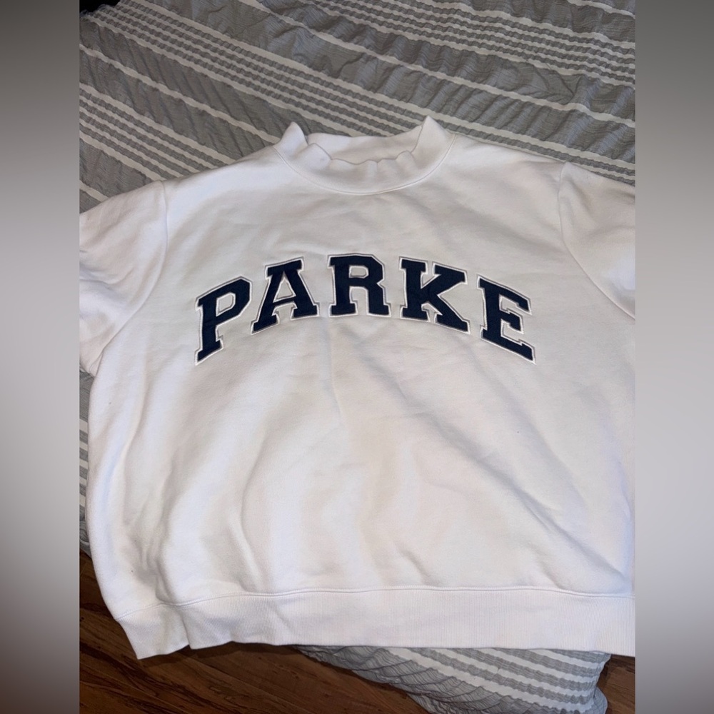 PARKE white and denim blue varsity mockneck sweatshirt size XXL
